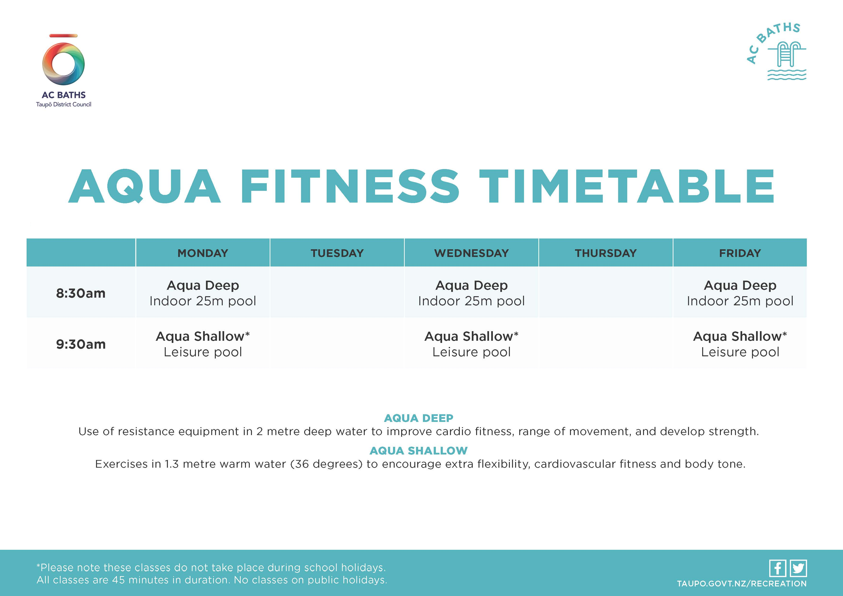 Aqua Fitness Class Timetable.  